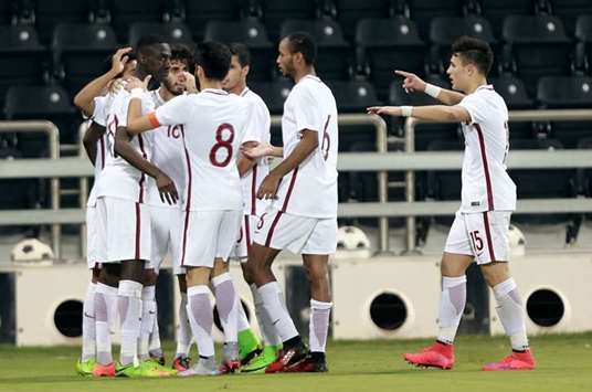 Qatar  U-23 players celebrate one of their goals against Kyrgyzstan. Picture: Jayan Orma