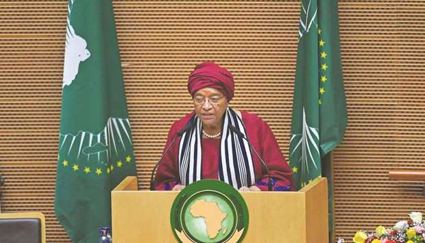 Liberian President Ellen Johnson Sirleaf addresses the closing session of the 29th African Union summit in Addis Ababa yesterday.