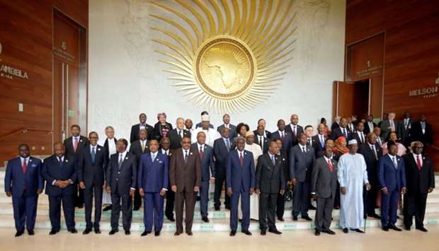 Heads of states and governments pose for a group photo during the opening ceremony of the 29th Ordinary Session of the Assembly of the Heads of State and the Governments in Addis Ababa, Ethiopia.