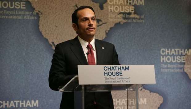 HE the Foreign Minister Sheikh Mohamed bin Abdulrahman al-Thani speaking at the Chatham House think tank in London on Wednesday.