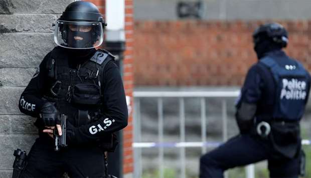 Belgian police special units take part in a mock terrorist attack in a theatre in Brussels