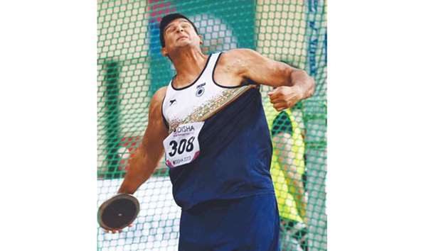 Indiau2019s Vikas Gowda competes in the menu2019s discus throw event during the Asian Athletics Championships inBhubaneswar, India, yesterday. (AFP)