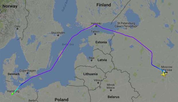 According to the FlightRadar24 website, the jet flying from Moscow to Hamburg on Thursday deviated from the direct route over Belarus and Poland.