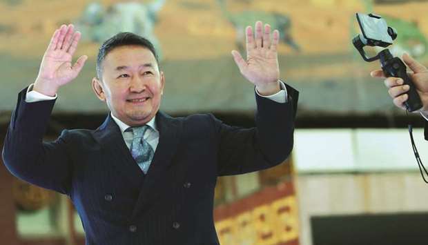 President-elect Khaltmaa Battulga celebrates after winning Mongoliau2019s presidential run-off election in Ulaanbaatar.