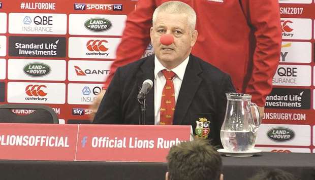 Warren Gatland delivers a parting shot to his critics by wearing a clownu2019s nose at the press conference after the third Test against the All Blacks. (AFP/Getty Images)