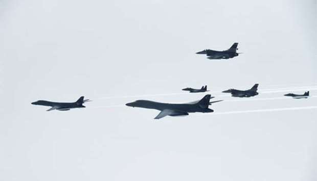 US B-1B Lancer aircraft fly over South Korea during a joint live-fire drill on Saturday.