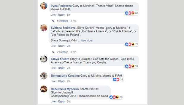 A few of the thousands of ,Glory to Ukraine, comments that inundated the FIFA Facebook page