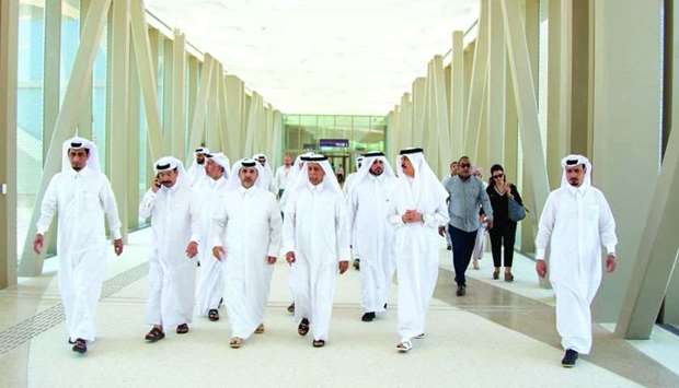 HE the Speaker of the Advisory Council Ahmed bin Abdullah bin Zaid al-Mahmoud, accompanied by Qatar Rail managing director and CEO Abdulla al-Subaie and other dignitaries, during the visit to the Economic Zone station