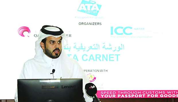 Qatar Chamber Legal Affairs Department director Abdul Aziz al-Kuwari speaking at the first workshop on the ATA Carnet held in Doha