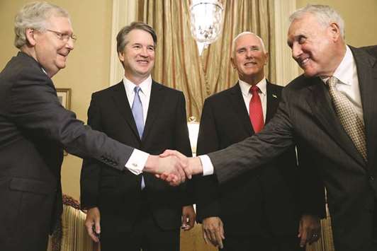 (From left) Senate Majority Leader Mitch McConnell (R-KY), Judge Brett Kavanaugh, Vice President Mike Pence and former senator Jon Kyl meet yesterday in McConnellu2019s office in Washington, DC.