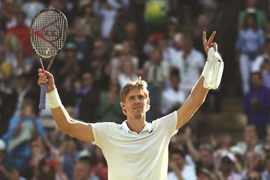 South Africau2019s Kevin Anderson celebrates after his shock win over Switzerlandu2019s Roger Federer at the Wimbledon yesterday. (AFP)