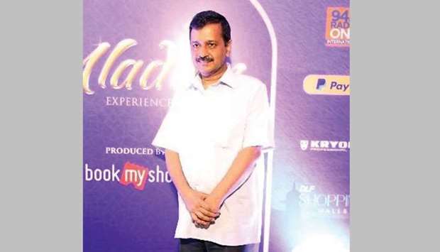Delhi Chief Minister Arvind Kejriwal arrives to attend a special show of Disneyu2019s Aladdin u2013 the Broadway style musical at the Jawaharlal Nehru Indoor Stadium in New Delhi yesterday.