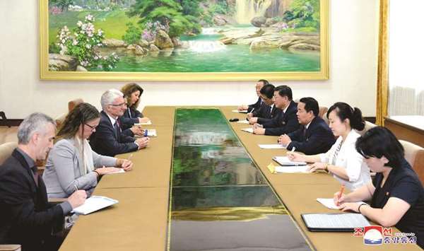 North Koreau2019s Minister of Health Jang Jun-sang meets with the United Nations Under-Secretary-General for Humanitarian Affairs and Emergency Relief Co-ordinator Mark Lowcock in Pyongyang, yesterday.