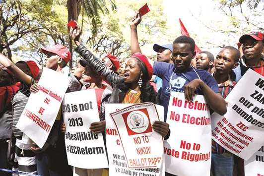 Main opposition party the Movement for Democratic Change (MDC) Alliance supporters led by Nelson Chamisa march for electoral reforms to the Zimbabwe Electoral Commission (ZEC) in the streets of the capital Harare, yesterday.