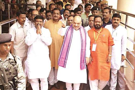 BJP chief Amit Shah and Petroleum Minister Dharmendra Pradhan are seen with party leaders during their visit to Bhubaneswar yesterday.