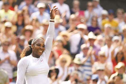 Serena Williams of the US is delighted after beating Germanyu2019s Julia Goerges 6-2, 6-4 in the womenu2019s singles semi-final at the 2018 Wimbledon Championships at The All England Lawn Tennis Club in Wimbledon, southwest London, yesterday. (AFP)