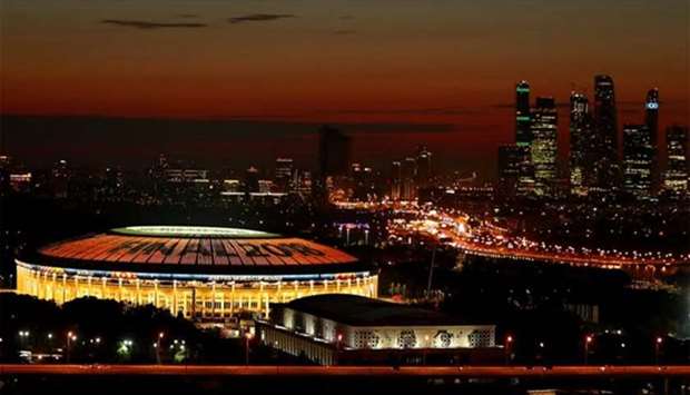 The Luzhniki Stadium in Moscow is illuminated on Thursday prior to the World Cup final between France and Croatia.