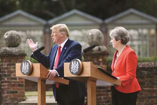 US President Donald Trump and Britainu2019s Prime Minister Theresa May hold a joint press conference following their meeting at Chequers, the prime ministeru2019s country residence, near Ellesborough, northwest of London, yesterday, on the second day of Trumpu2019s UK visit.
