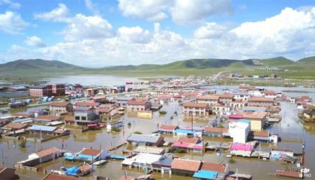 A flooded village is seen Zoige county in Sichuan province on Friday.