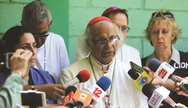 Nicaraguan Cardinal Leopoldo Brenes speaks to the press at the Cathedral in Managua yesterday.