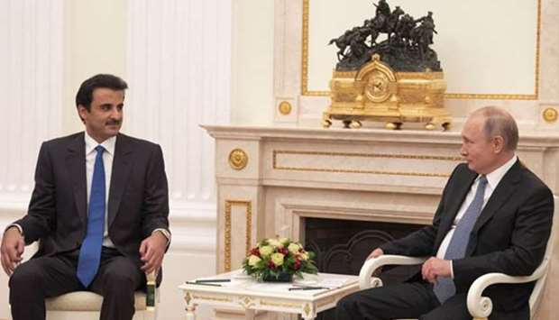 His Highness the Amir Sheikh Tamim bin Hamad al-Thani and Russian President Vladimir Putin meet at the Kremlin in Moscow on Sunday.