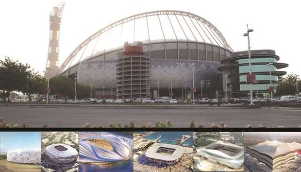 (Top) Khalifa International Stadium in Doha will be hosting matches through to quarter-finals at the 2022 FIFA World Cup Qatar. (From left) Computer-generated designs of Al Thumama Stadium, Education City Stadium, Al Wakrah Stadium, Ras Abu Aboud Stadium, Al Rayyan Stadium and Al Bayt Al Khor