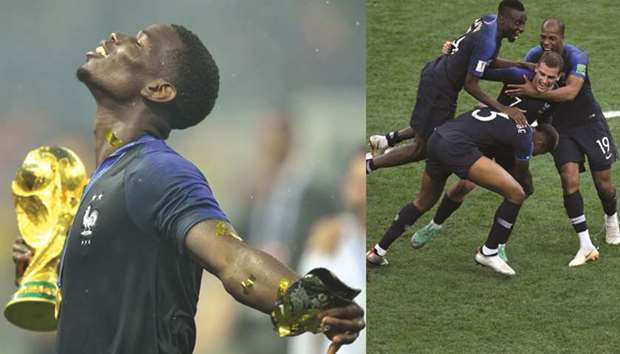 (Left) With the World Cup trophy in hand, Franceu2019s Paul Pogba takes a moment to thank the heavens. (Reuters).   (Right) At the final whistle, France players celebrate after winning the World Cup at the Luzhniki Stadium in Moscow. (AFP)
