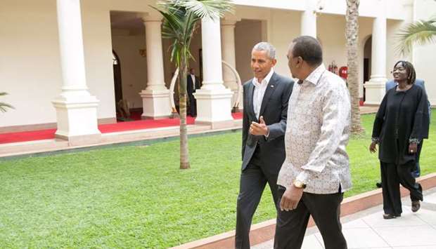 Kenya's President Uhuru Kenyatta meets former U.S. President Barack Obama at State House Nairobi