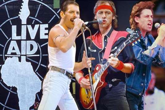 From right: Bob Geldof, Mark Knopfler and Freddie Mercury performing at the Live Aid concert.