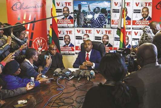 Zimbabweu2019s Movement for Democratic Change (MDC) party leader Nelson Chamisa holds a press conference at the MDC headquarters in Harare, yesterday, over the security of the ballot paper and credibility of the votersu2019 roll ahead of general elections on July 30.