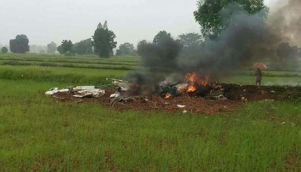 Fire and smoke rise from the debris of the crashed helicopter. Picture courtesy: Bernama