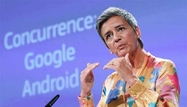European Competition Commissioner Margrethe Vestager addresses a news conference on Google in Brussels on Wednesday.