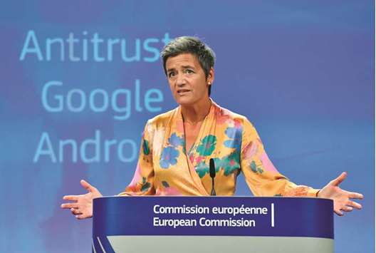 European Union Competition Commissioner Margrethe Vestager gives a joint press at the EU headquarters in Brussels. The EU yesterday gave Google 90 days to end u201cillegalu201d practices surrounding its Android operating system or face further fines, after slapping a record $5bn anti-trust penalty on the US tech giant.