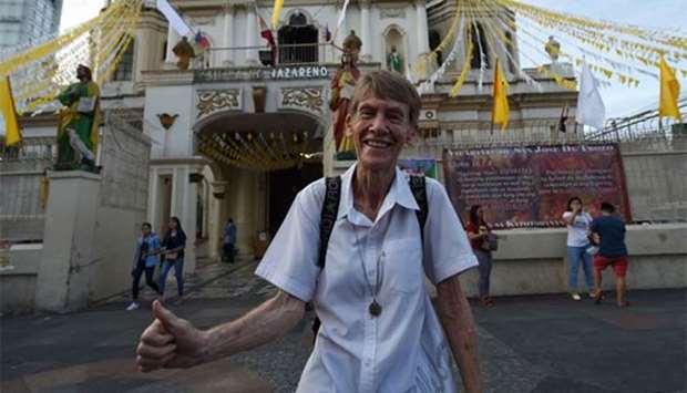 Australian nun Sister Patricia Fox giving a thumbs up sign in front of Quiapo church in Manila. File picture