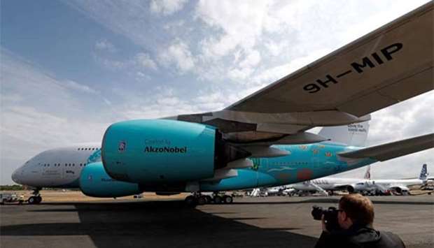 An Airbus A380 aircraft, operated by HiFly, is pictured at the Farnborough Airshow earlier this week.