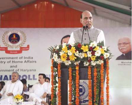 Home Minister Rajnath Singh speaks during the launch of Student Police Cadet (SPC) programme in Gurugram yesterday.