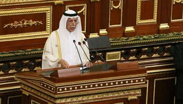 HE the Advisory Council Speaker Ahmed bin Abdullah bin Zaid al-Mahmoud addressing the 28th extraordinary session of the Arab Inter-Parliamentary Union in Cairo on Saturday.