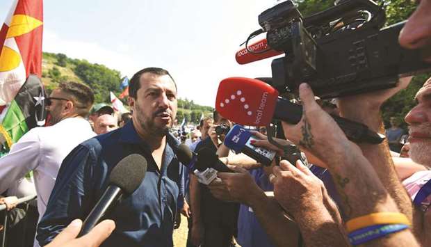 Salvini speaking to journalists yesterday during the annual meeting of Lega Nord (North League) in Pontida, northeast Milan.