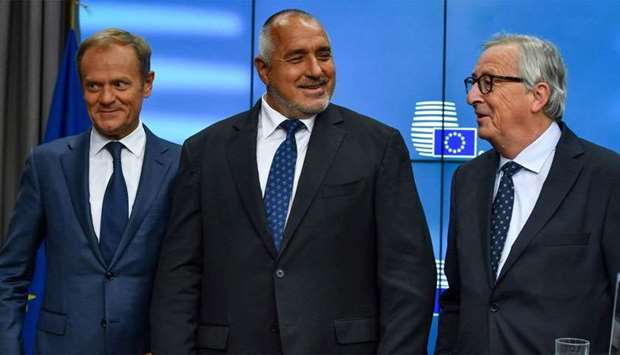 (From L) European Council President Donald Tusk, Bulgaria's Prime Minister Boyko Borisov and President of the European Commission Jean-Claude Juncker