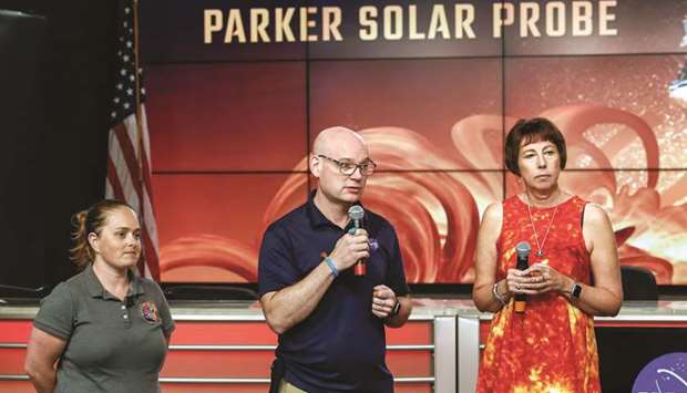Alex Young, solar scientist at Nasau2019s Goddard Space Flight Center (middle), Nicola Fox, Parker Solar Probe project scientist at Johns Hopkins Applied Physics Laboratory (APL) (right), and Betsy Congdon, Parker Solar Probe Thermal Protection System lead engineer at APL, speak during a preview briefing on the Nasau2019s Parker Solar Probe at Nasau2019s Kennedy Space Center in Florida on Friday.