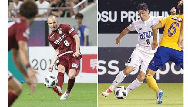 Vissel Kobeu2019s new signing Spanish player Andres Iniesta kicks the ball during J-League match against Shonan Bellmare at Noevir Stadium in Kob. Right: Sagan Tosuu2019s new signing Spanish player Fernando Torres (No 9) vying for the ball with Vegalta Sendaiu2019s defender Ko Itakura during their J-League match at Best Amenity Stadium yesterday. (AFP)