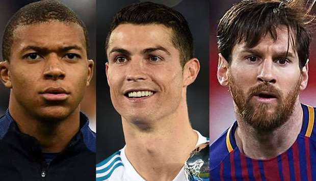 Kylian Mbappe (L), Cristiano Ronaldo (C),  Lionel Messi (R)