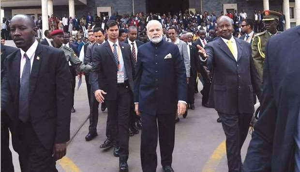 Prime Minister Narendra Modi arrives at the Ugandan Parliament in Kampala yesterday.