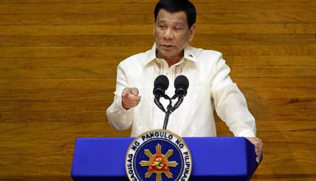 Philippine President Rodrigo Duterte delivers his State of the Nation address at the House of Representatives in Quezon city, Metro Manila, Philippines on Monday.
