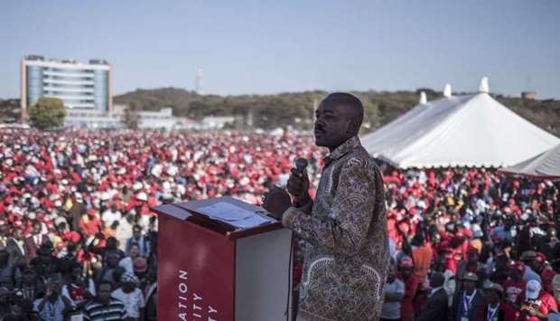 MDC-Alliance (Movement for Democratic Change Alliance) leader and opposition presidential candidate Nelson Chamisa addresses supporters at the closing campaign rally in Harare