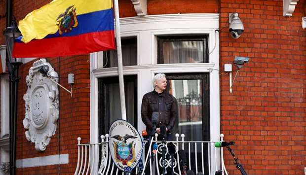 WikiLeaks founder Julian Assange speaks on the balcony of the Embassy of Ecuador in London. May 19, 2017 file picture