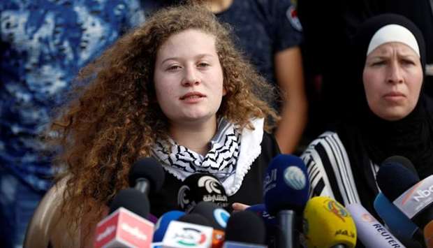Ahed Tamimi speaks during a news conference after she was released from an Israeli prison, in Nabi Saleh village in the occupied West Bank