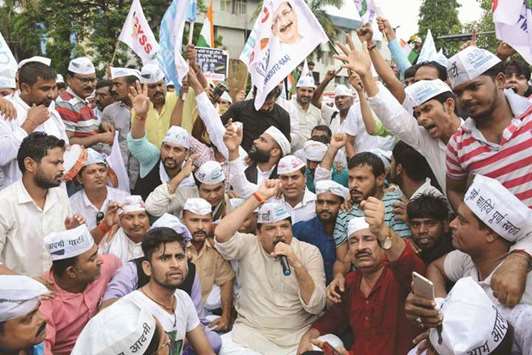 Aam Aadmi Party activists stage a demonstration in protest against the Muzaffarpur shelter home rapes, in Patna yesterday.