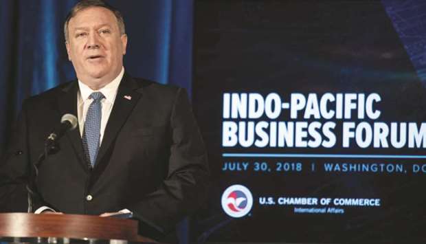 US Secretary of State Mike Pompeo addressing the Indo-Pacific Business Forum at the US Chamber of Commerce in Washington, DC, yesterday. Among the new investments outlined by Pompeo, the US will invest $25mn to expand US technology exports to the region, add nearly $50mn this year to help countries produce and store their energy resources, and create a new assistance network to boost infrastructure development.