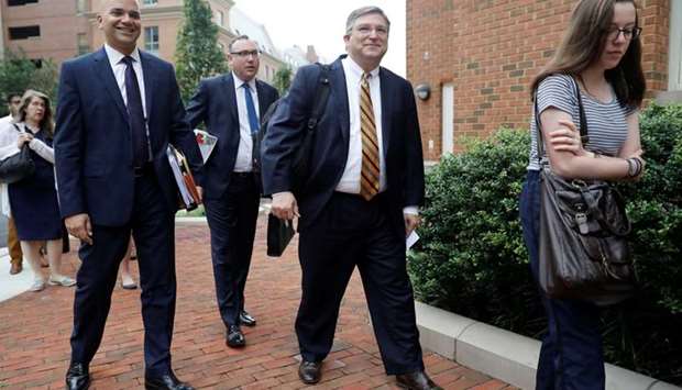 Defense attorneys Jay Nanavati and Richard Westling, arrive ahead of Former Trump campaign manager Paul Manafort arriving at US District Court for the opening day of his trial on bank and tax fraud charges stemming from Special Counsel Robert Mueller's investigation into Russian meddling in the 2016 US presidential election, in Alexandria, Virginia.